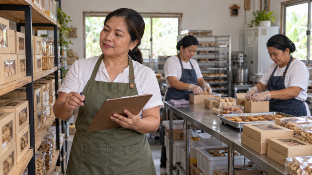 Illustrative Filipina small-business owner checking inventory in a food-production workshop.