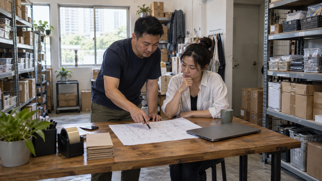 Illustrative Singapore small-business staff reviewing a paper workflow in a stockroom office