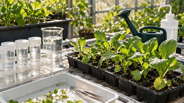 Illustrative leafy seedlings and a clear sample vessel on an agri-food research bench