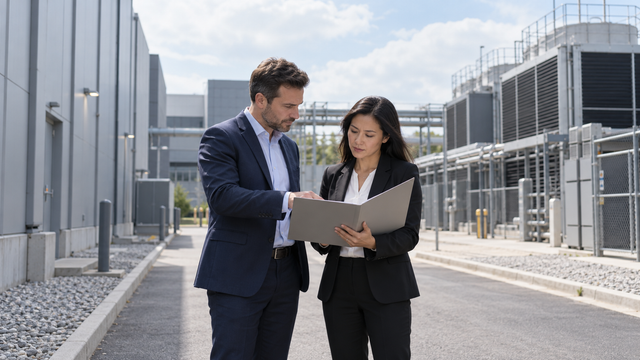 Two anonymous professionals reviewing a plain folder outside an unbranded data-centre campus; not a Digital Core REIT property or the actual EGM.