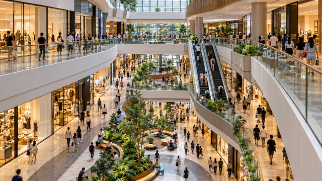 Illustrative high-angle view of a generic shopping mall atrium with dispersed shoppers; no actual FCT property or measured footfall is shown.