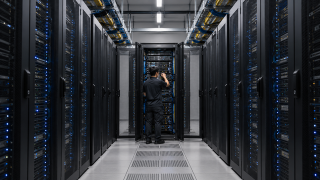 Illustrative technician inspecting server racks in a generic AI data centre