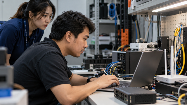 Illustrative reseller lab scene with a technician testing at a laptop beside network equipment