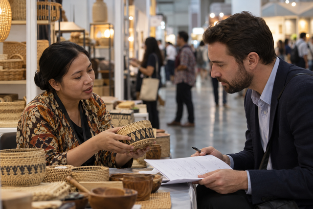 Illustrative trade-expo exhibitor showing a woven product sample to a buyer reviewing paperwork.