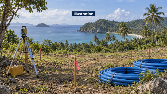 Conceptual island water-infrastructure planning scene with survey instrument and unused pipes; not a Bohol, Siargao or Sulu project site or completed works.