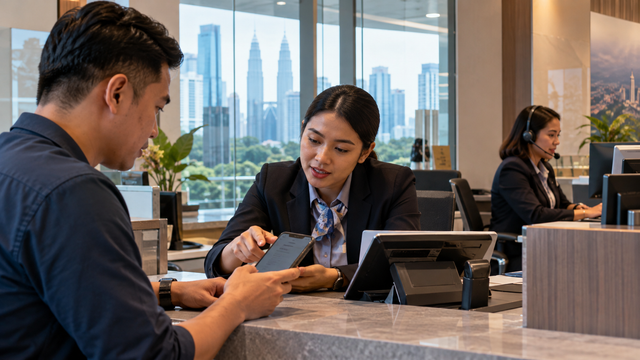 Illustrative Malaysian branch customer showing a phone to a staff member, with a contact-centre colleague nearby; not an actual RHB branch or BUSINESSNEXT interface.