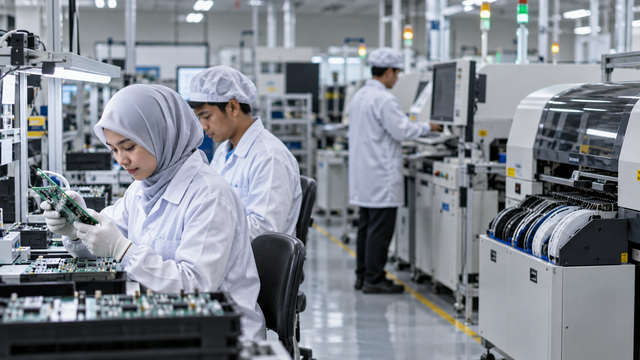Illustrative electronics factory technicians inspecting circuit boards on an unbranded production line; not a factory surveyed by DOSM.