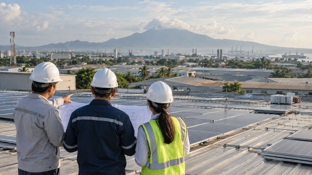 Illustrative Indonesian industrial rooftop solar planning scene; not a Yude Solar or SEDAYUSolar project, employee or facility.