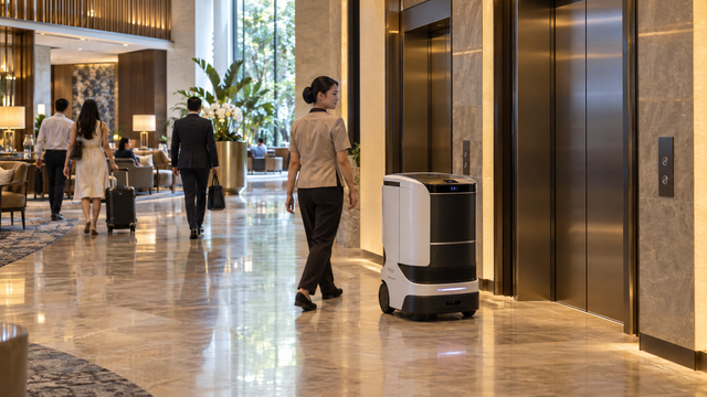 Illustrative wheeled service robot beside lifts in an unbranded hotel lobby