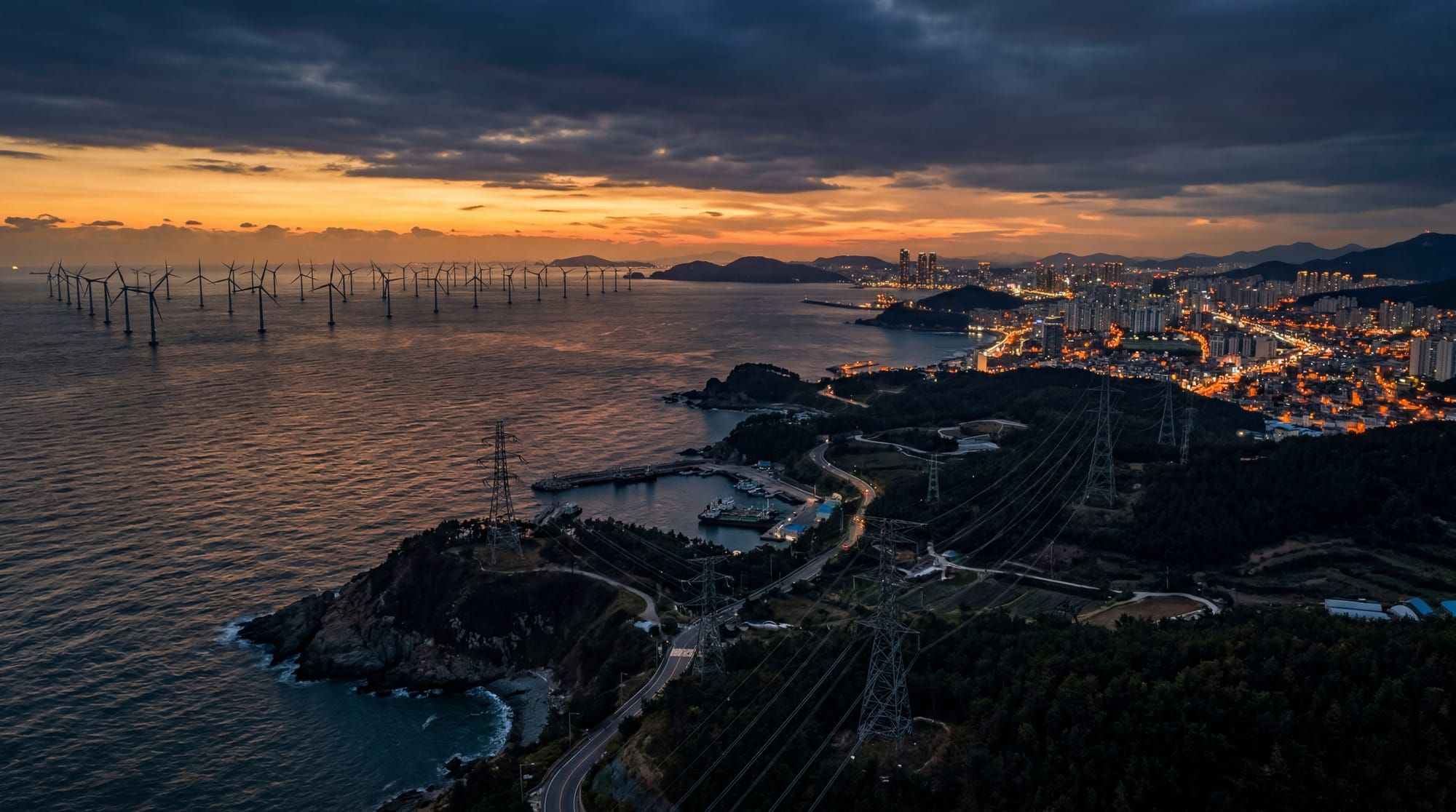 Offshore wind turbines and transmission towers at dusk — Korea's grid constraint