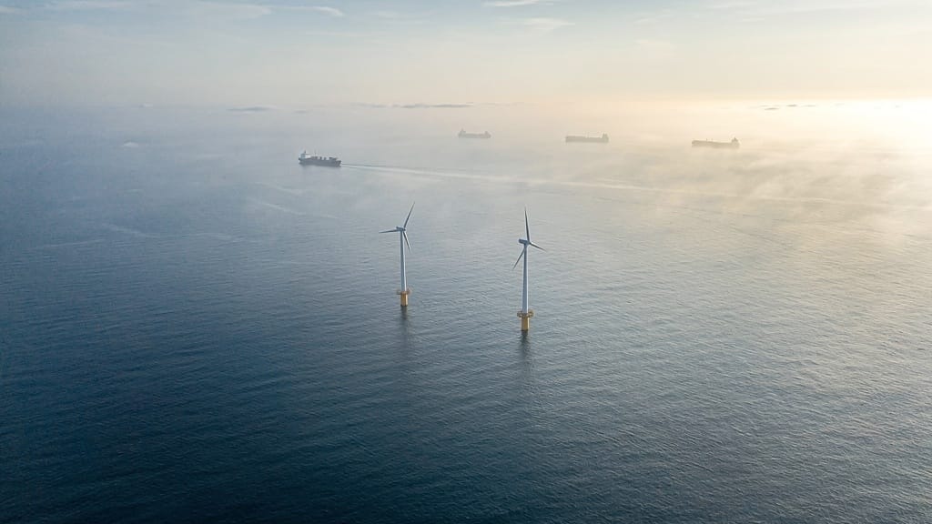Offshore wind turbines in morning sea haze, Korea