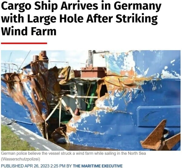 A general cargo ship of 1,685 tons collided with a turbine at the Gode Wind 1 offshore wind farm off Germany on April 25, 2023, due to an autopilot system error.