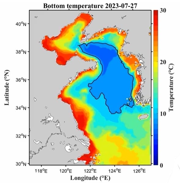 Satellite observation data showing the Yellow Sea cold water phenomenon. (Photo provided by Inha University Sea Grant Center)