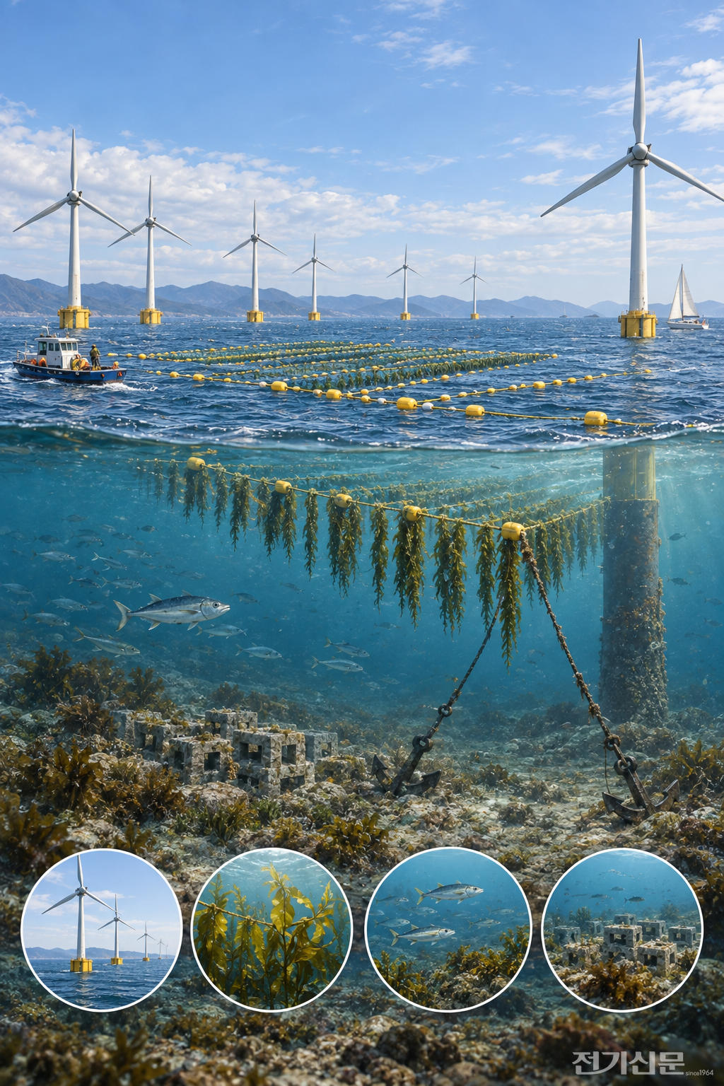 A conceptual image of a coexistence model that combines seaweed farming and fishery resource creation by utilizing the space between turbines in an offshore wind farm.