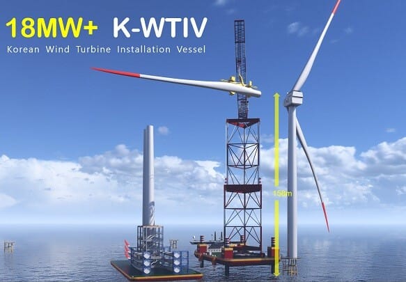 Korea's indigenous offshore wind turbine installation vessel (18MW-class K-WTIV), provided by Korea Maritime University.
