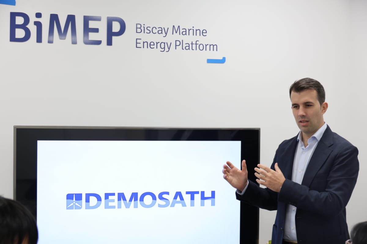 David Caracosa, CEO of Saitec Offshore Technologies, explains the business at BiMEP in the Basque region of northern Spain on the 2nd (local time).