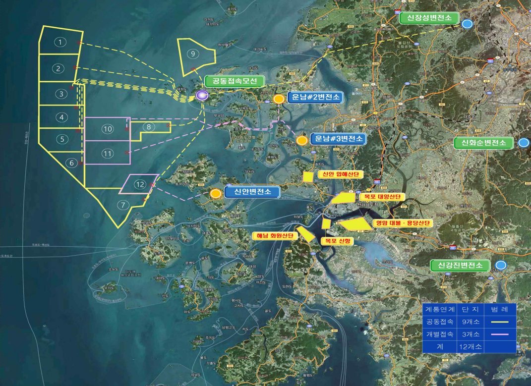 A map showing the current status of the offshore wind power cluster in Sinan, Jeollanam-do.
