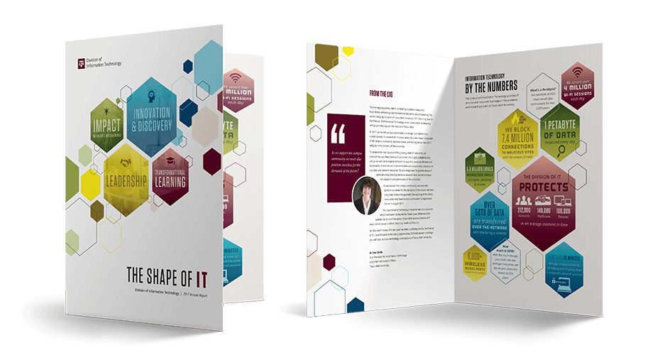 Letter-sized booklet showing cover and interior spread both featuring colorful hexagons