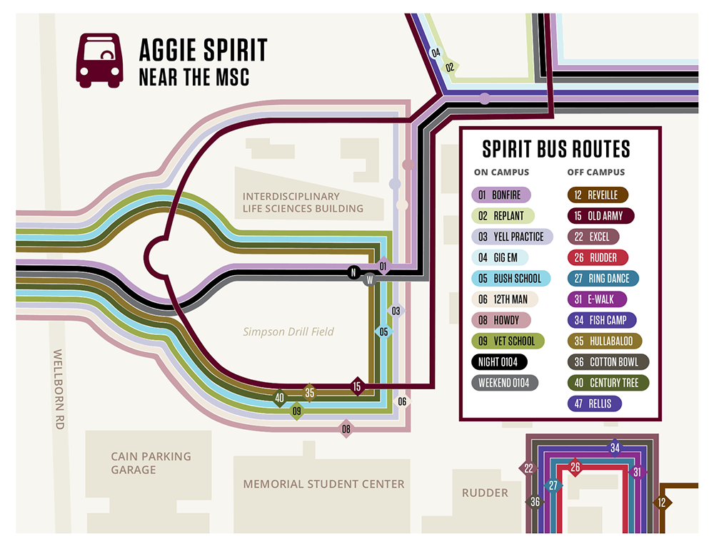Illustrated map that shows 21 different bus routes that include stops near the MSC