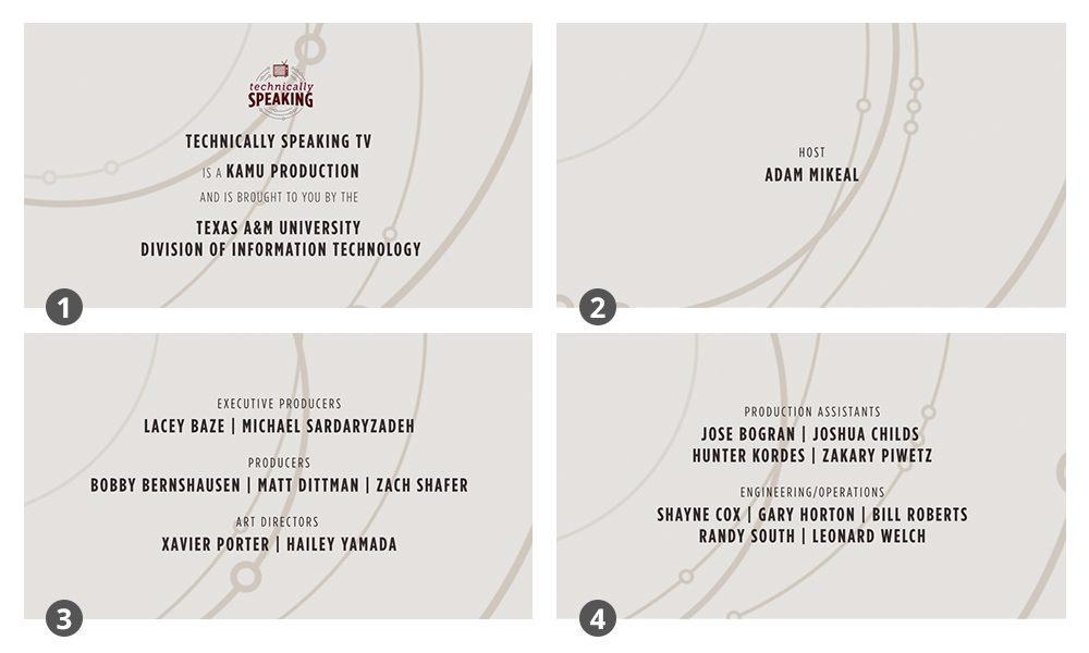 Closing credits for the Technically Speaking TV show.