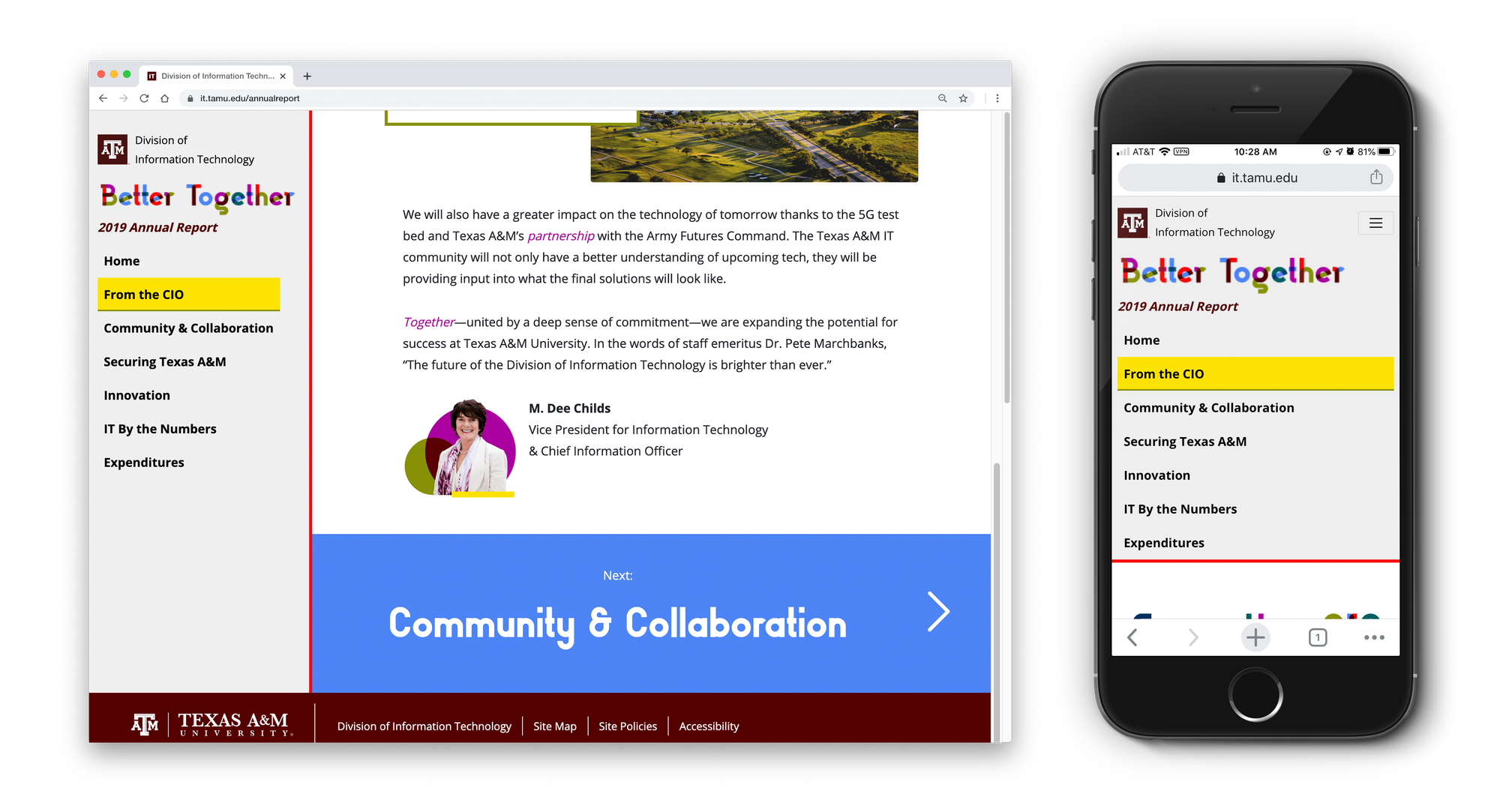 Desktop and mobile versions of the annual report website both show a navigation menu that doubles as a table of contents.