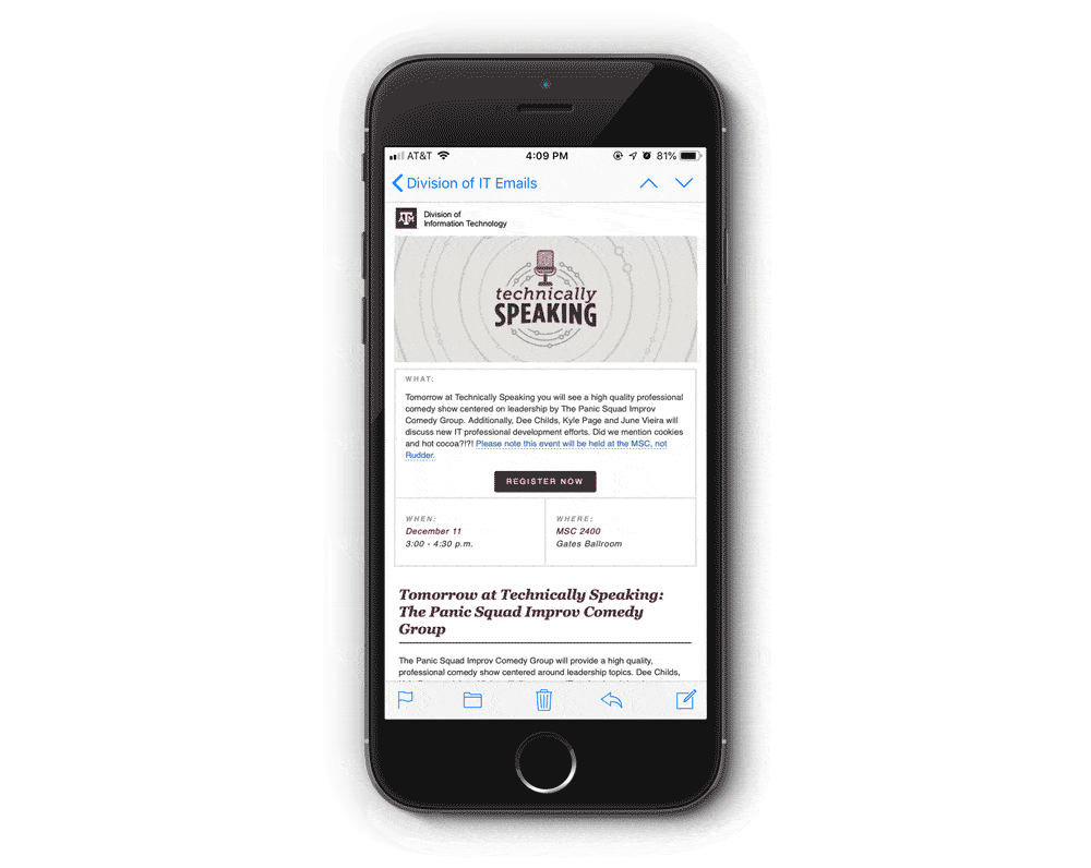 Technically Speaking email template with an animated header image.