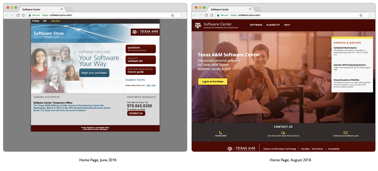 Side-by-side comparison shows the home page redesign uses responsive design