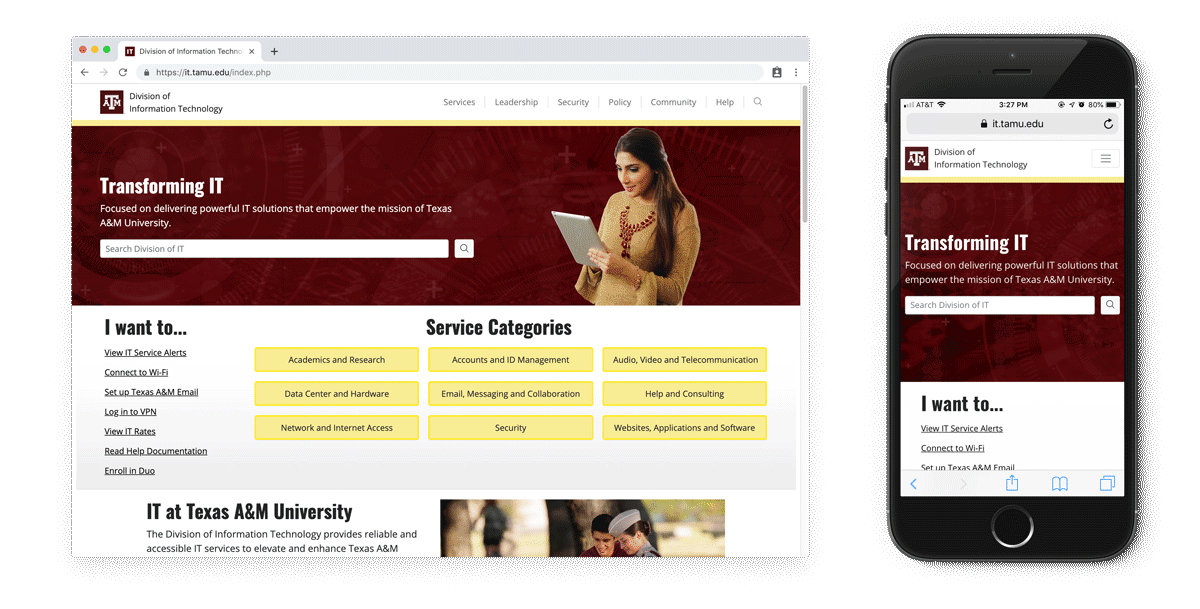 The home page for IT features a search bar, "I want to" links, and buttons to service categories.