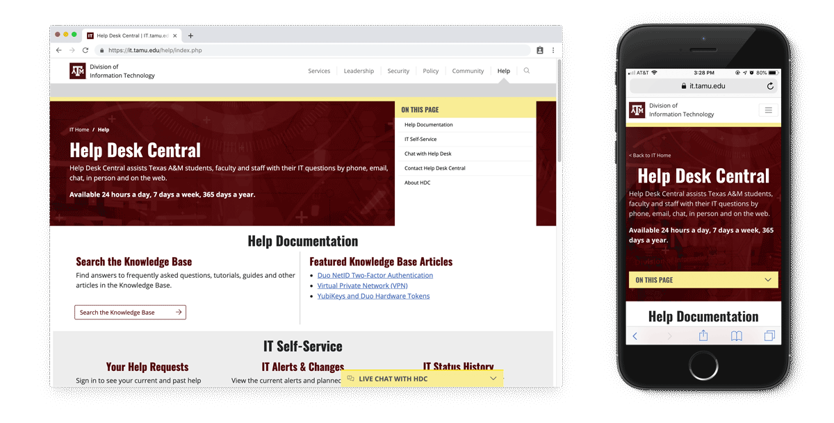The Help page on it.tamu.edu/help, with links to help documentation at the top of the page.