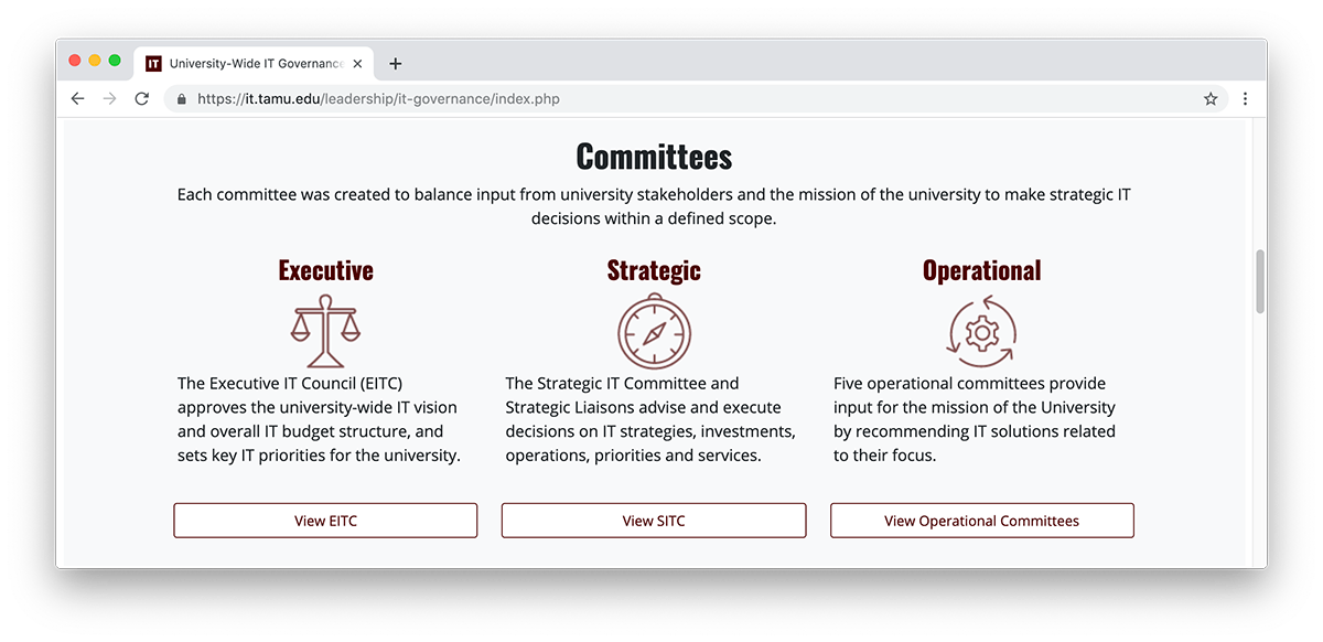 IT Governance committee icons sit beneath headings on in-page content.