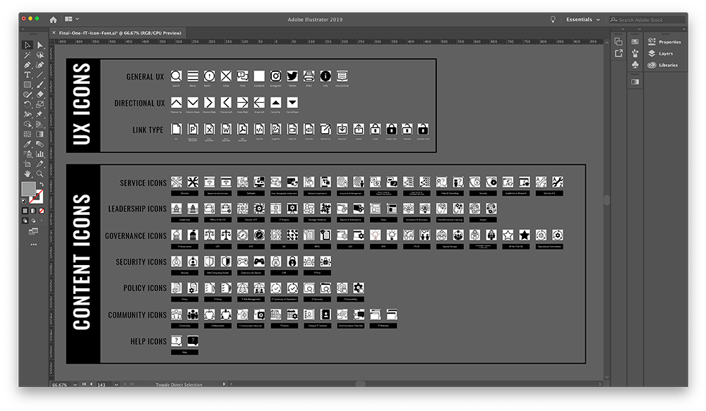 Illustrator file with art boards arranged by icon type. 