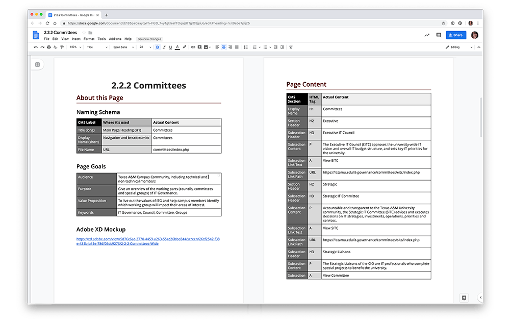 Google Doc with filled with tables for Naming Schema, Page Goals, and Page Content.