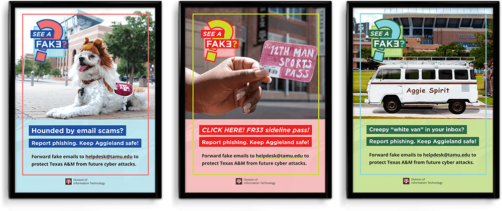Posters with the same design but different fake Aggie-items that tell people to report phishing emails to helpdesk@tamu.edu.