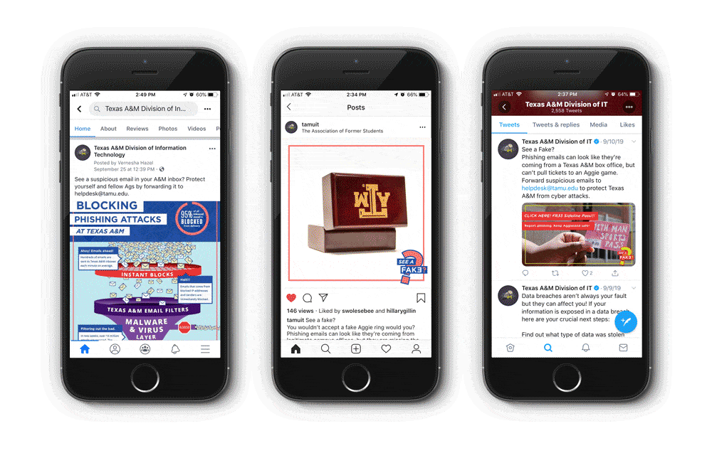 Sample posts from Facebook, Instagram, and Twitter.