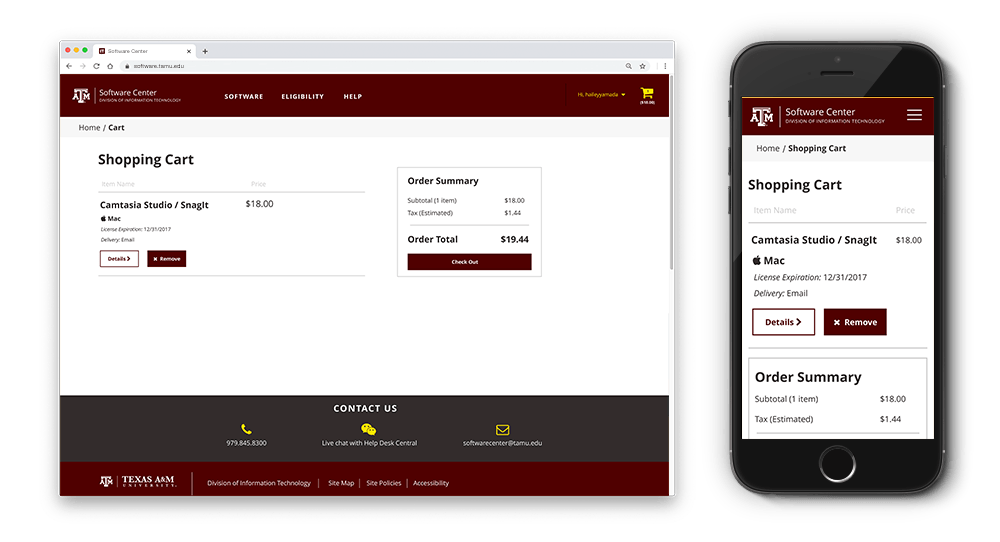 Shopping cart page shown on desktop-size and mobile-sized browser.