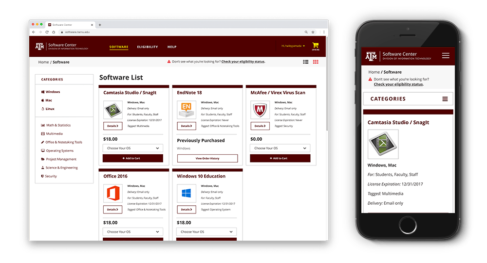 Software listing page grid view shown on desktop-size and mobile-sized browser.