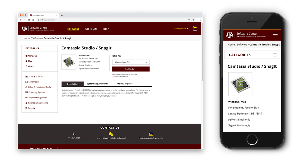 Software product page shown on desktop-size and mobile-sized browser.