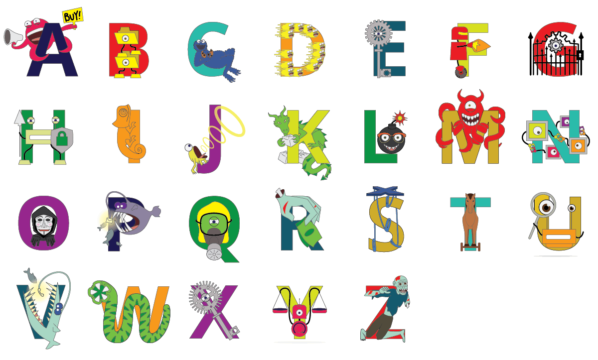 A-Z illustrations of cyber monsters