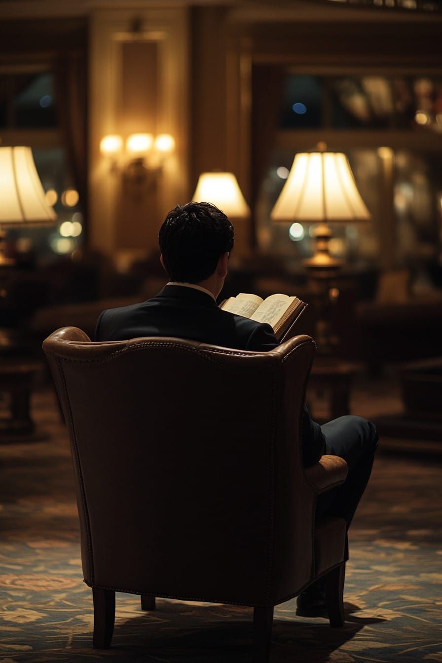 夜のホテルラウンジで本を読む後ろ姿