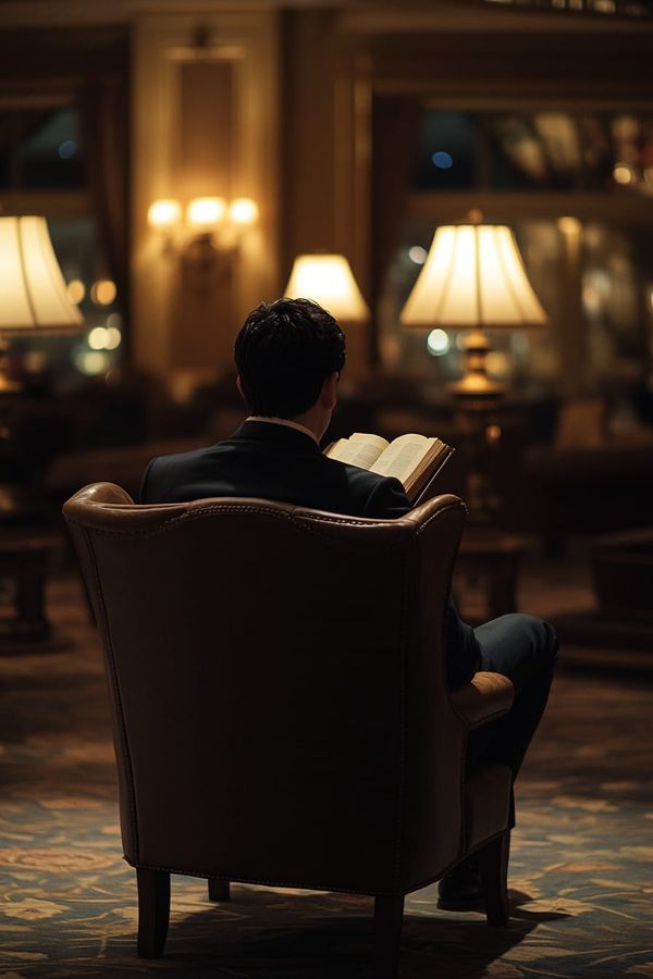 夜のホテルラウンジで読書する後ろ姿