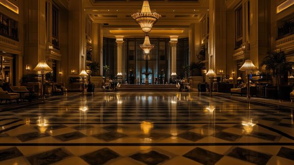 夜のホテルロビー・シャンデリアと大理石の床