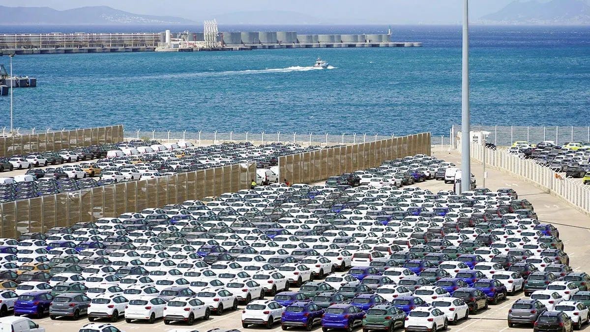 Finished vehicles lined up for export at Tanger Med port.