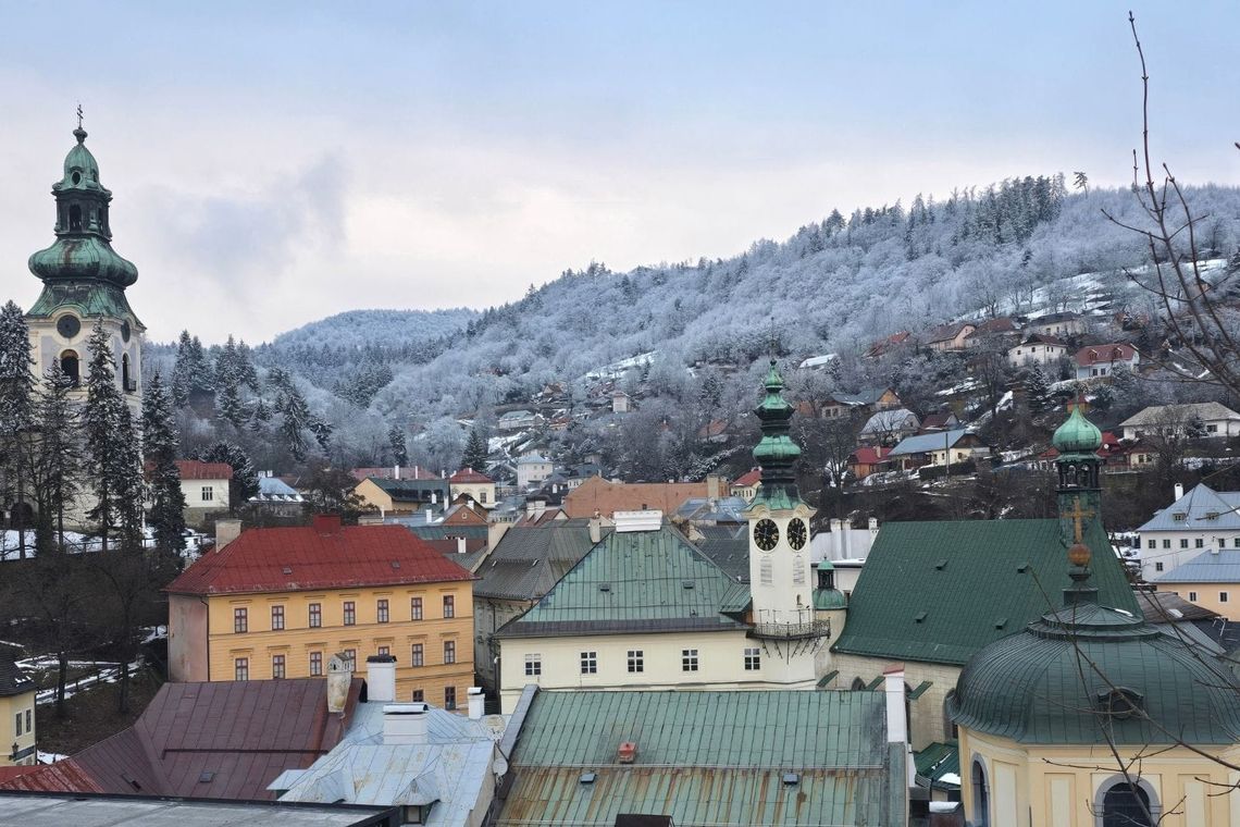Colorful buildings and church spire under gray skay with frozen trees on a hill in background. 