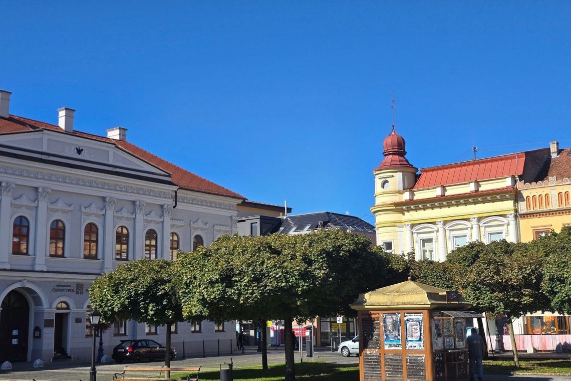Colorful old buildings, trees and blue sky. 
