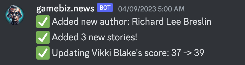 An example of what our Discord bot posts as an update