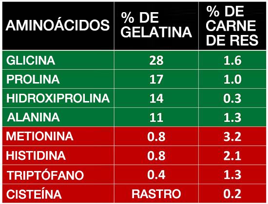 Proporciones de aminoácidos de la gelatina y el colágeno frente a la carne roja