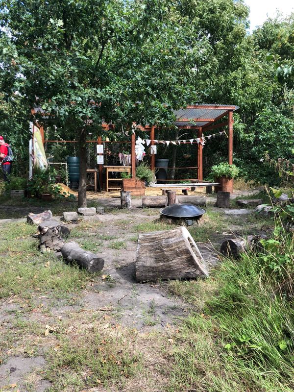 Logs and wood stumps in a circle around a black metal dome, in a woodland clearing, an open wooden shelter is in the backgrou
