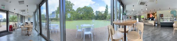 Panorama of a cafe, with glass windows to a lake covered in green algea with trees behind. To the left side is more cafe, wit