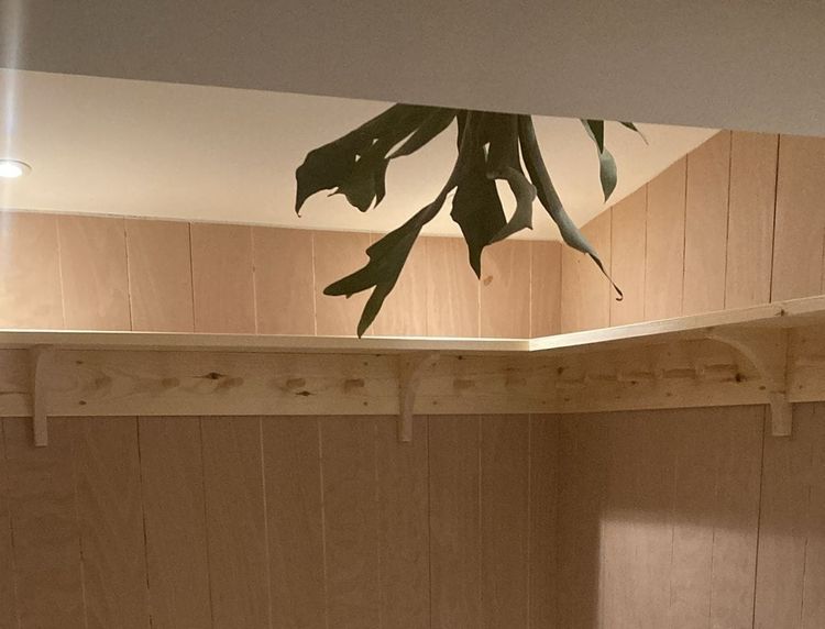 The plywood tongue and groove walls of the boot room with a shelf and pegs for coats.