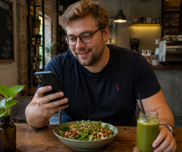 A man sits at a cafe table smiling at his phone, with a salad bowl and green smoothie in front of him.